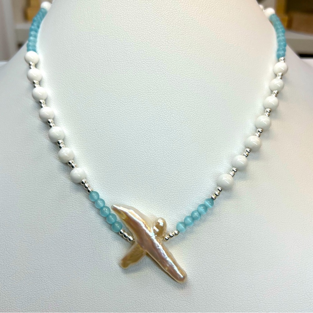 NP130 Genuine CROSS Shape Freshwater Pearl Necklace, White Onyx+ Blue Selenite